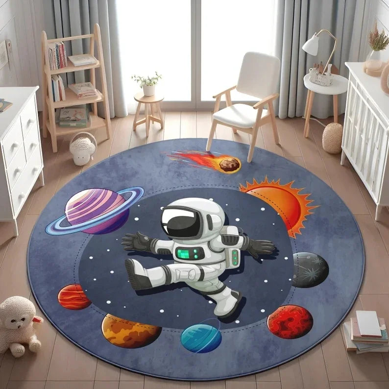 Planets Astronauts Playmat Round Rug  Living Room Decor Sofa Rug Kid's Play Mat Boys Bedroom Bedside Rug Play Reading Area Rug