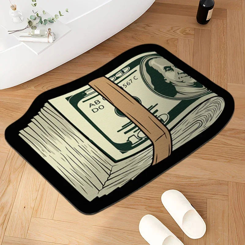 VIKAMA Irregular Money Stack Shaped Area Rug Vintage Dollar Bill Print Non Slip Floor Mat Funny Cartoon Cash Carpet Bedroom Rug