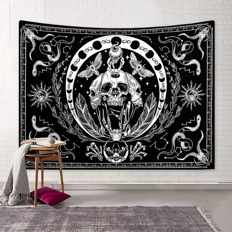 1pc Black and white skull tapestry, moth tapestry, tarot card sun moon constellation tapestry, Halloween horror tapestry