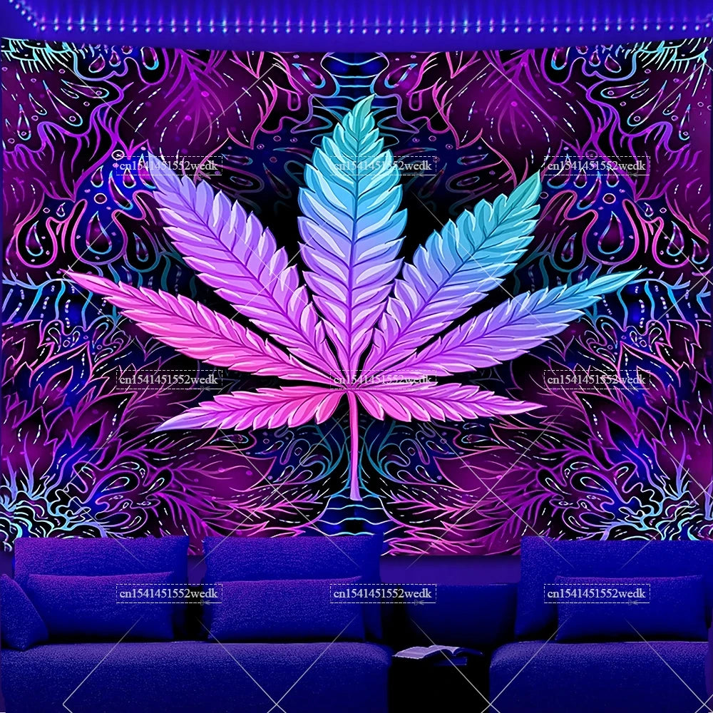 Trippy Weed Blacklight Tapestry UV Reactive Alien Marijuana Leaf Tapestry Neon Skull Smoke Tapestry Aesthetic Tapestry For Room