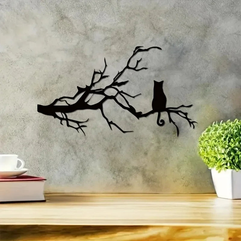 Charming Cat Metal Wall Art for Home Decor, Unique Bedroom Decoration, Cat Lovers Gift, Stylish Branch Cat Design