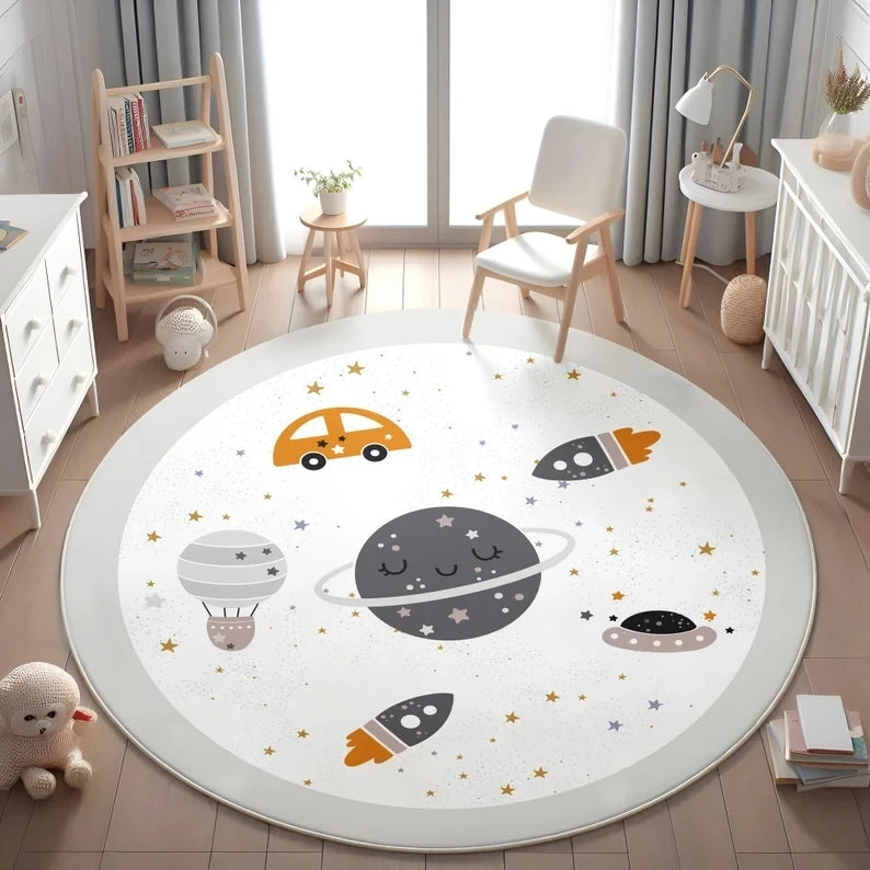 Planets Astronauts Playmat Round Rug  Living Room Decor Sofa Rug Kid's Play Mat Boys Bedroom Bedside Rug Play Reading Area Rug