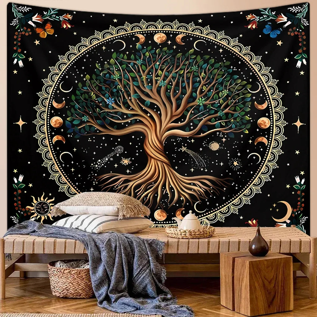 1pc Life Tree Tapestry, Moon Phase Tapestry, Bohemian Wind Starry Sky Tapestry, Fantasy Universe Planet Tapestry