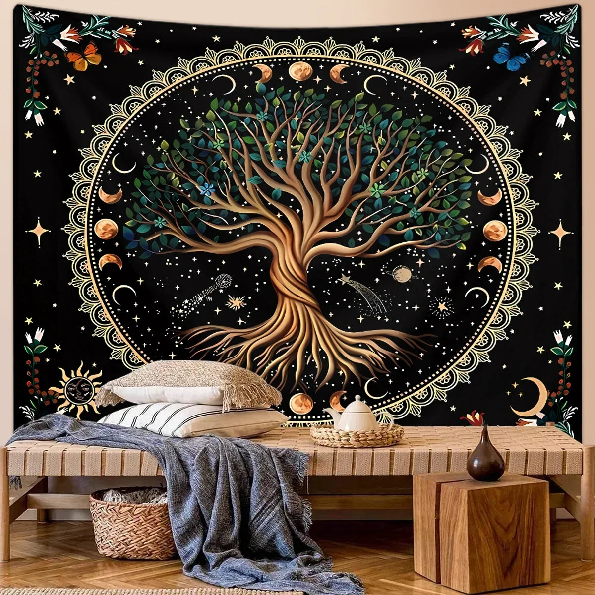 1pc Life Tree Tapestry, Moon Phase Tapestry, Bohemian Wind Starry Sky Tapestry, Fantasy Universe Planet Tapestry