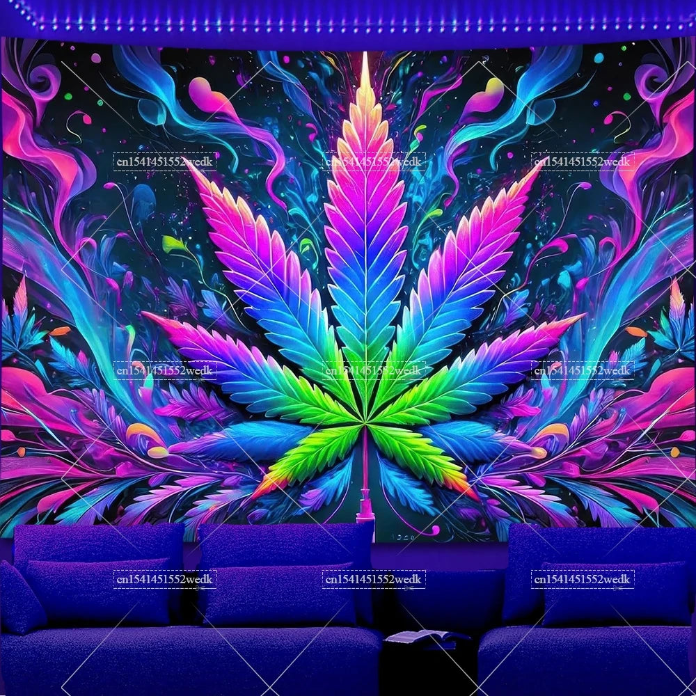 Trippy Weed Blacklight Tapestry UV Reactive Alien Marijuana Leaf Tapestry Neon Skull Smoke Tapestry Aesthetic Tapestry For Room