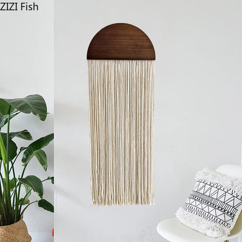 Hand Woven Tapestry Half Circle Wooden Board Tassel Tapestry Wall Decoration Homestay Pendant Wall Mounted Ornament Hangings