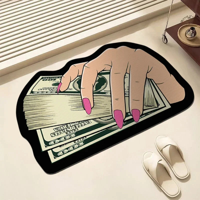VIKAMA Irregular Money Stack Shaped Area Rug Vintage Dollar Bill Print Non Slip Floor Mat Funny Cartoon Cash Carpet Bedroom Rug