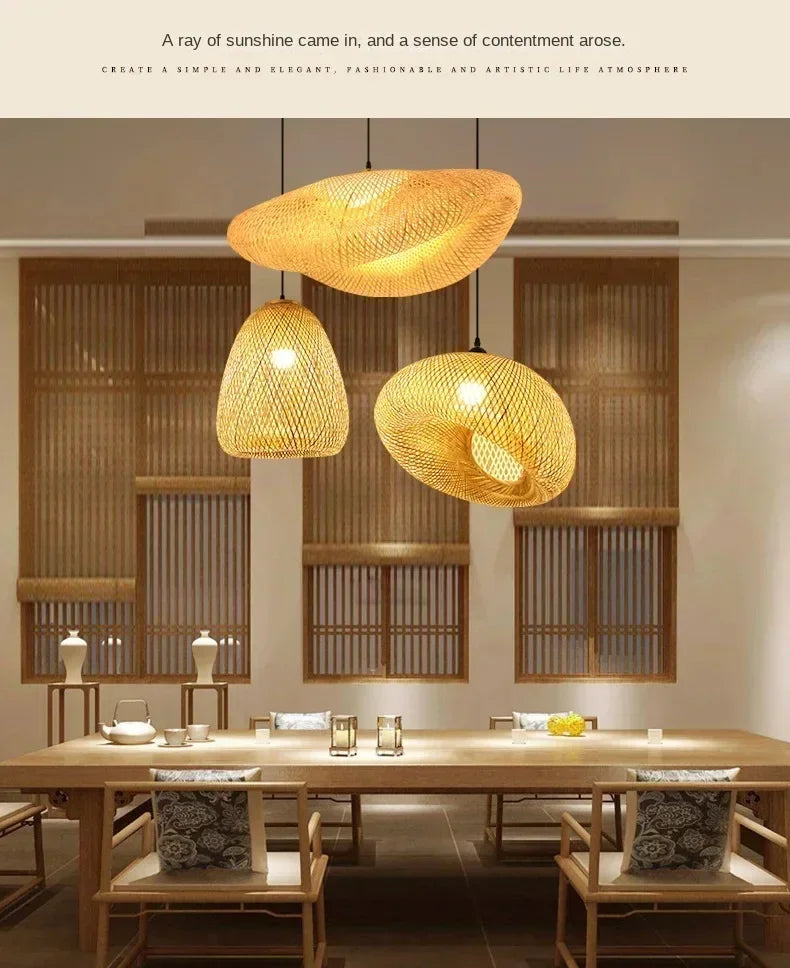 Bamboo Hand Weaving Pendant Lights 40/60/80cm Hanging LED Ceiling Lamp Chandelier Fixture Rattan Hand Craft Woven Bedroom Decor