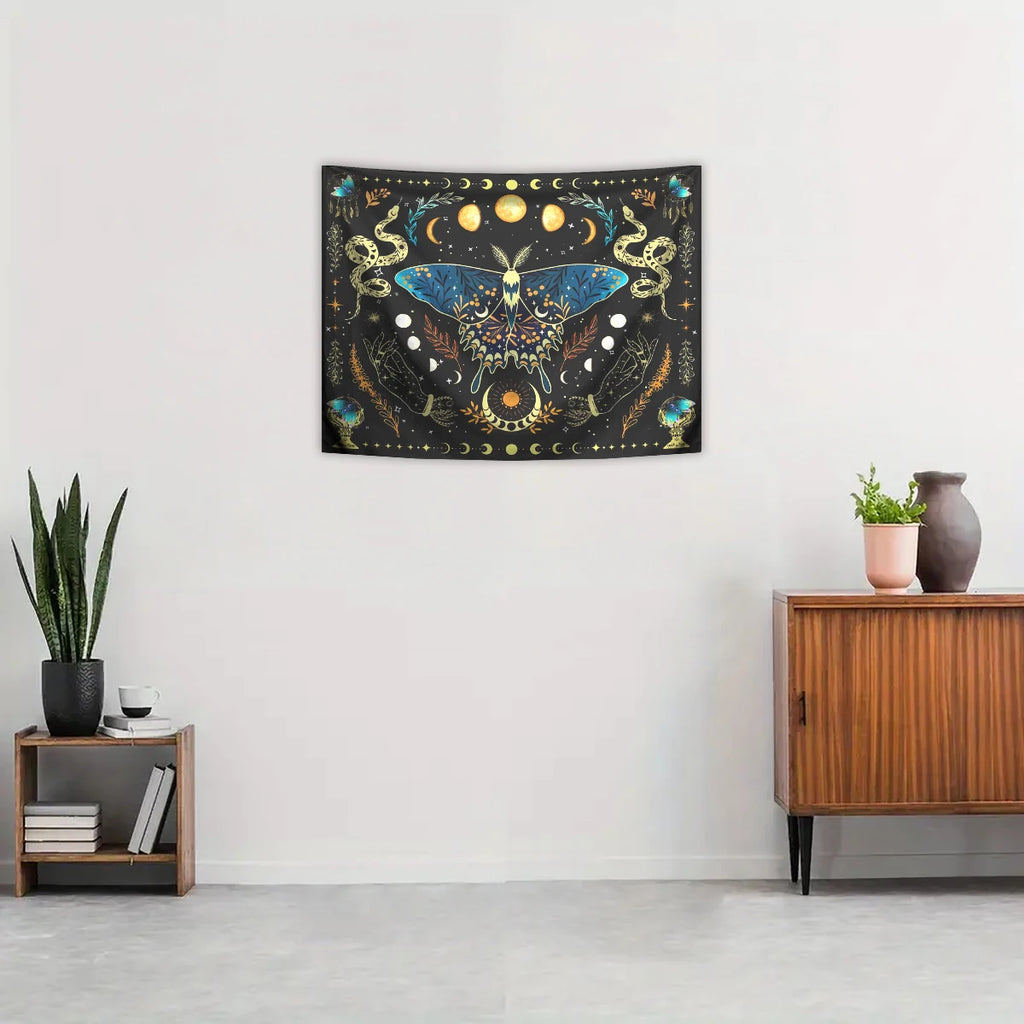 1pc Butterfly moon tapestry, Bohemian plant tapestry, aesthetic moth snake tapestry, retro plant starry sky tapestry