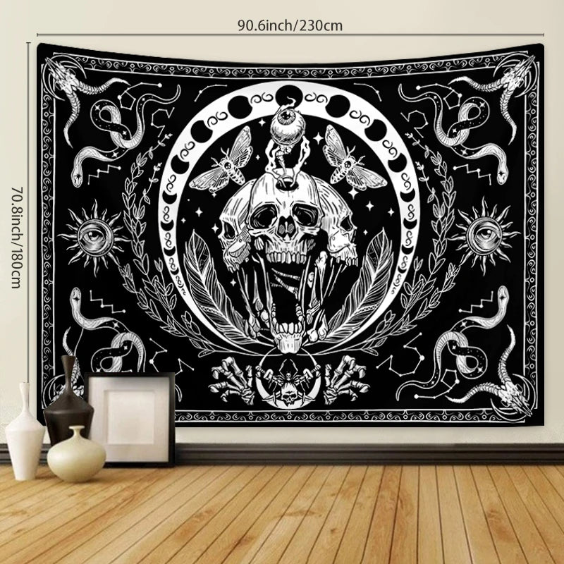 1pc Black and white skull tapestry, moth tapestry, tarot card sun moon constellation tapestry, Halloween horror tapestry
