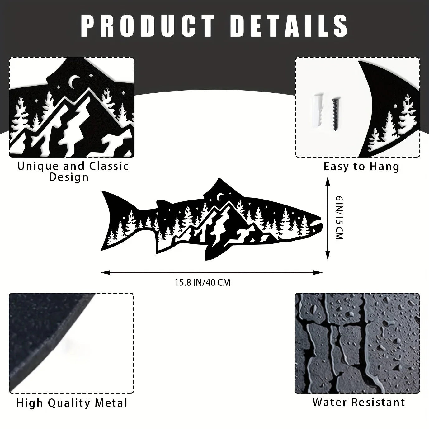 CIFbuy Unique Mountain Forest Metal Wall Art Fish Shape Wall Decor for Home Wall Decor Wall Art Decor Sticker Mural Room Decor