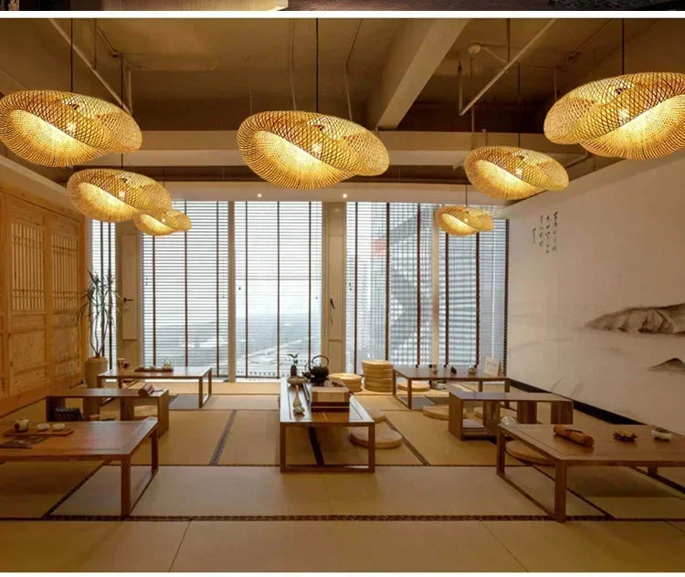 Bamboo Hand Weaving Pendant Lights 40/60/80cm Hanging LED Ceiling Lamp Chandelier Fixture Rattan Hand Craft Woven Bedroom Decor