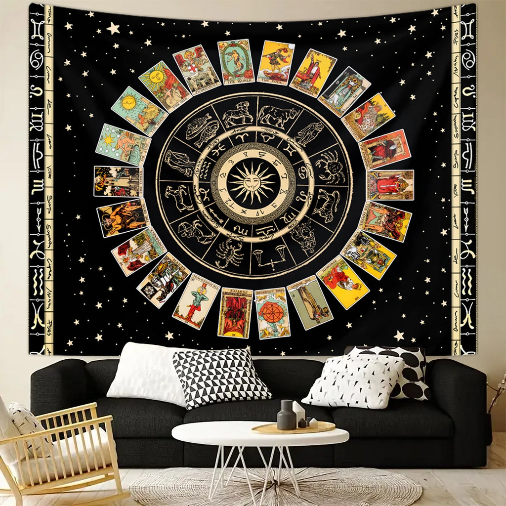 1pc Tarot Card Tapestry, Twelve Constellations Tapestry, Sun Moon Starry Sky Tapestry, Altar Witchcraft Divination Set Tapestry