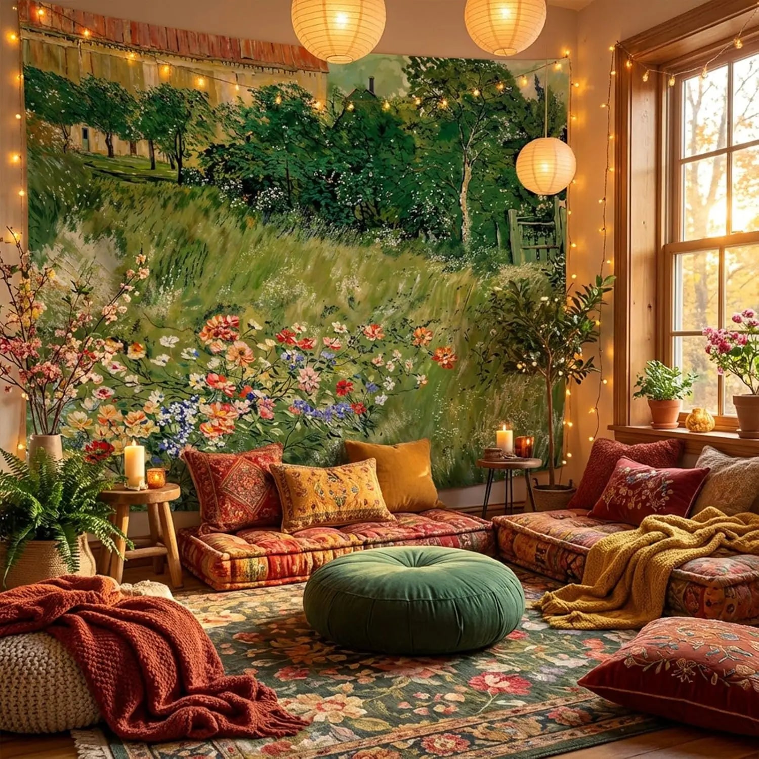Monet Tapestry Impressionist Art Landscape Tapestry for Bedroom Vintage Green Floral Garden Tapestries Wall Hanging for Living