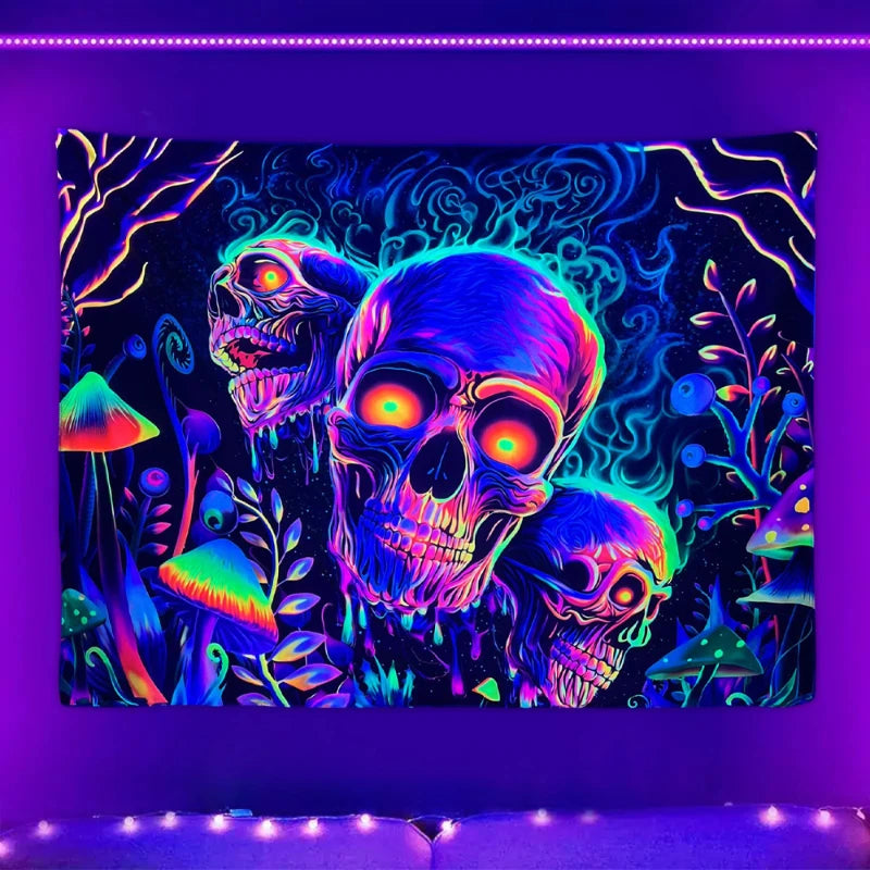1pc Skeleton flower fluorescent tapestry, UV tapestry, plant mushroom tapestry, bedroom aesthetic decoration wall hanging