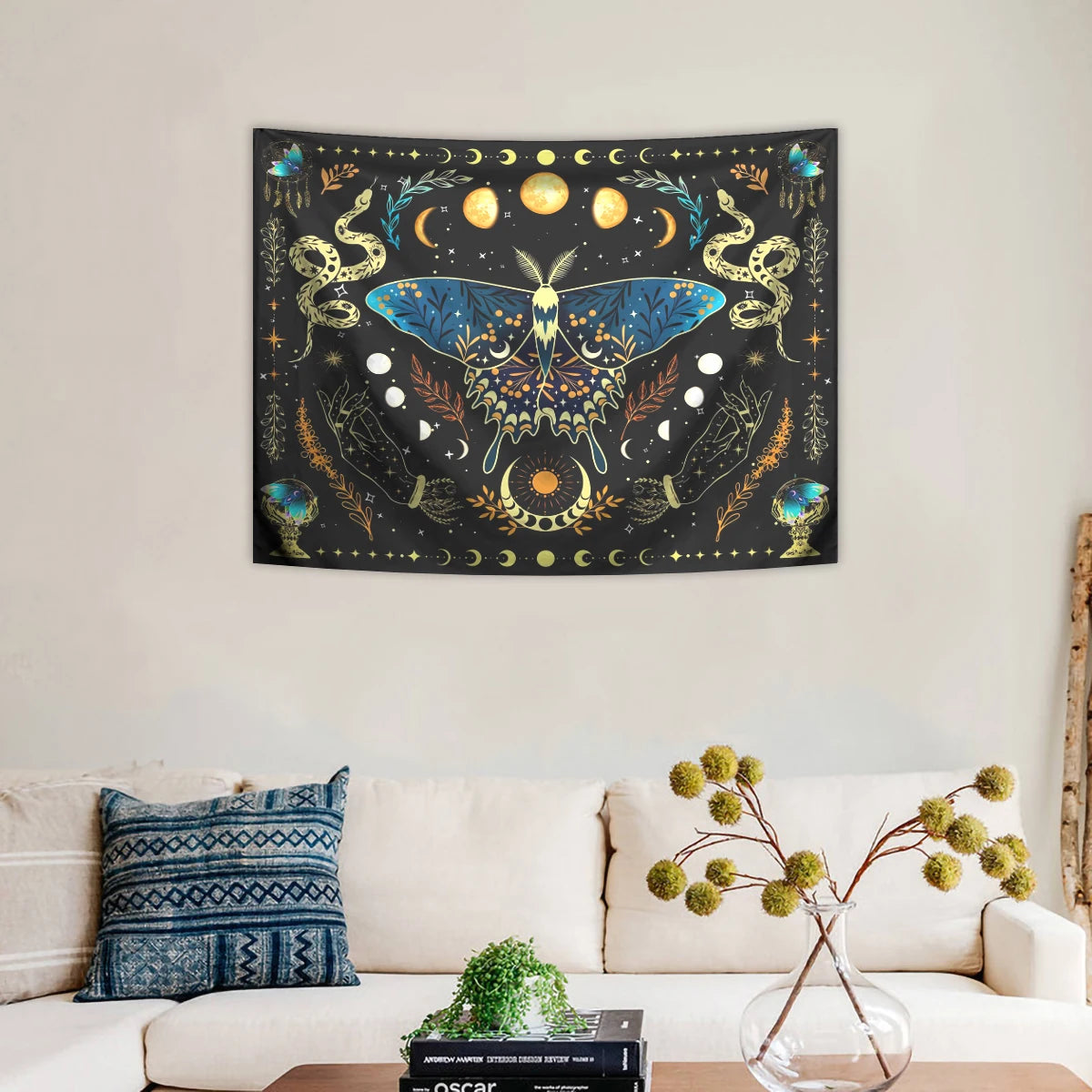1pc Butterfly moon tapestry, Bohemian plant tapestry, aesthetic moth snake tapestry, retro plant starry sky tapestry