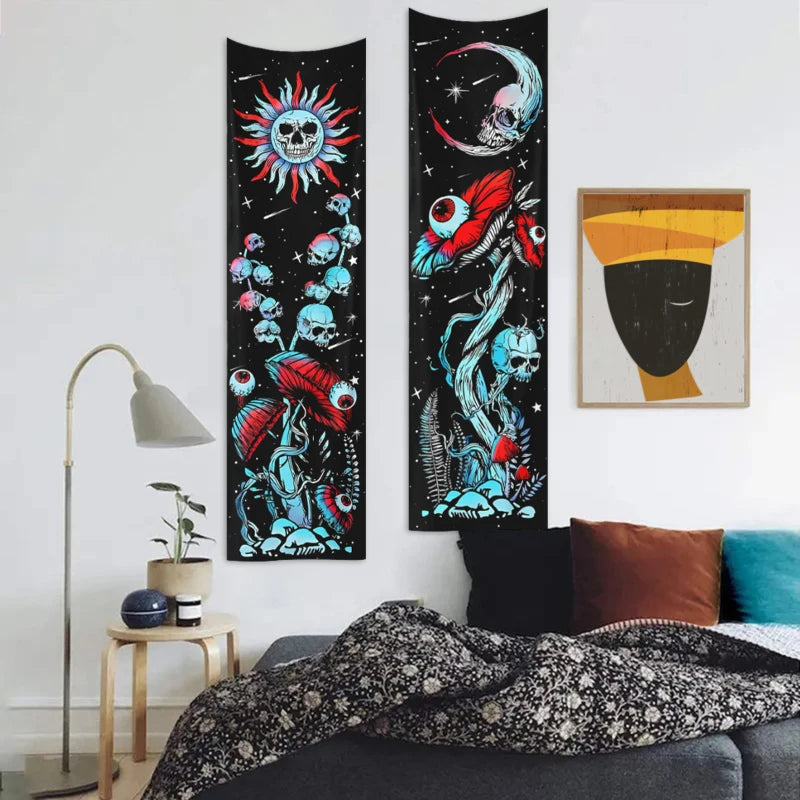 2pcs,Skeleton mushroom tapestry, abstract eye tapestry, sun, moon, starry sky tapestry, plant tapestry aesthetic wall hanging