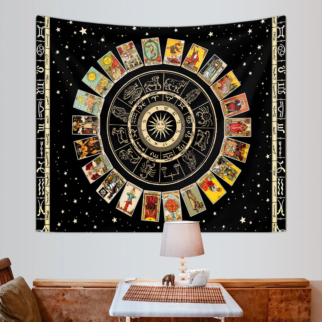 1pc Tarot Card Tapestry, Twelve Constellations Tapestry, Sun Moon Starry Sky Tapestry, Altar Witchcraft Divination Set Tapestry