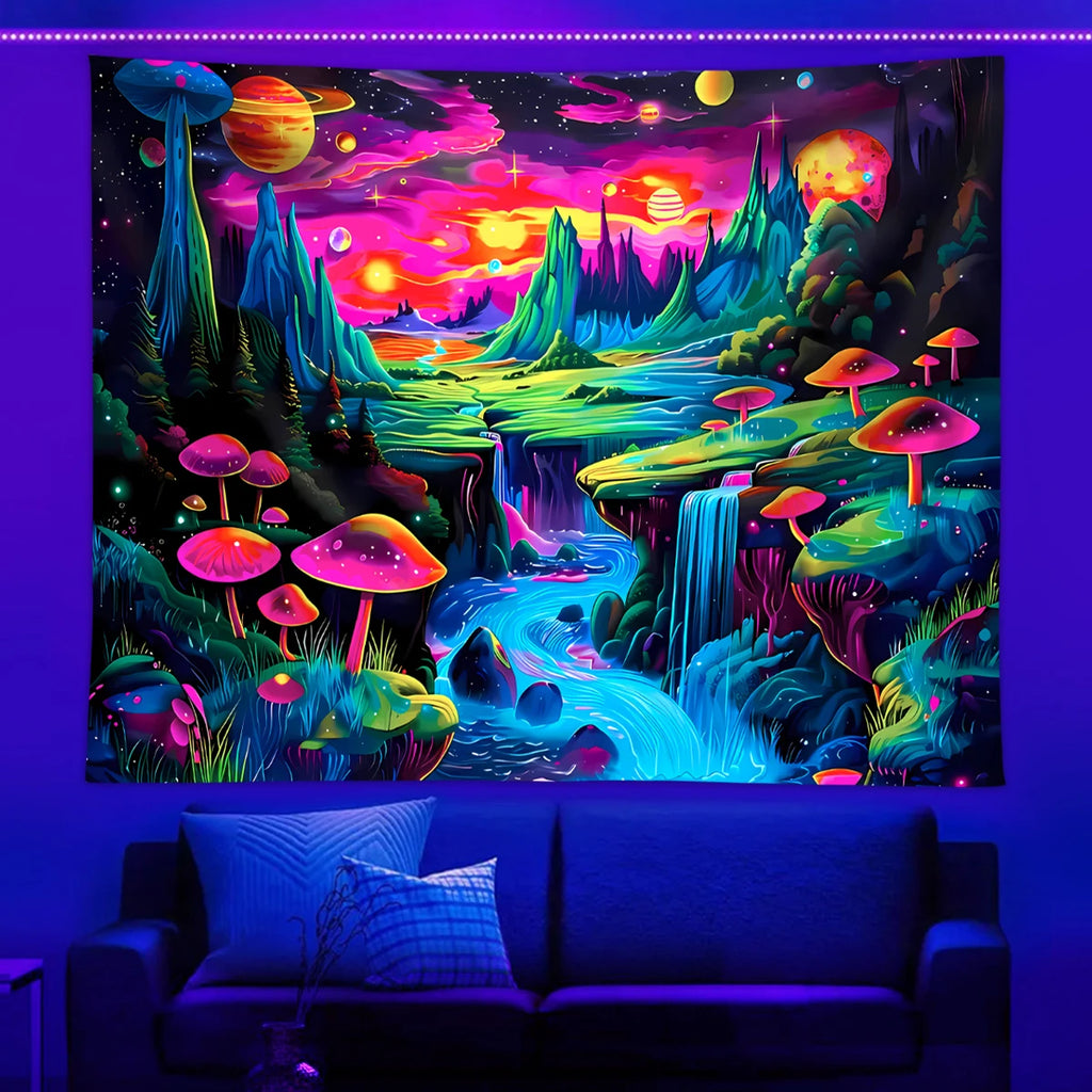 1pc Mushroom fluorescent tapestry, UV responsive landscape tapestry, space planet landscape tapestry, bedroom decoration