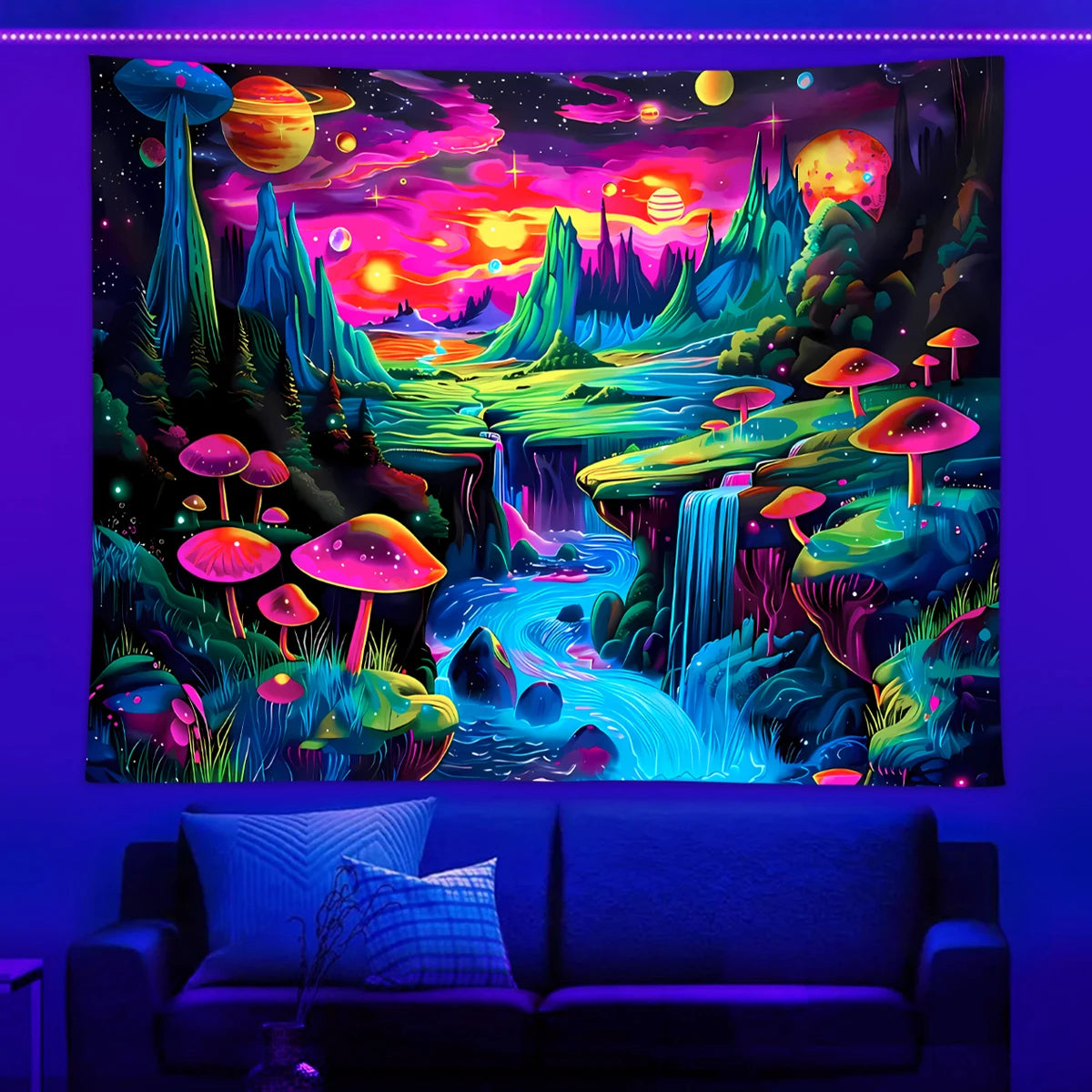 1pc Mushroom fluorescent tapestry, UV responsive landscape tapestry, space planet landscape tapestry, bedroom decoration
