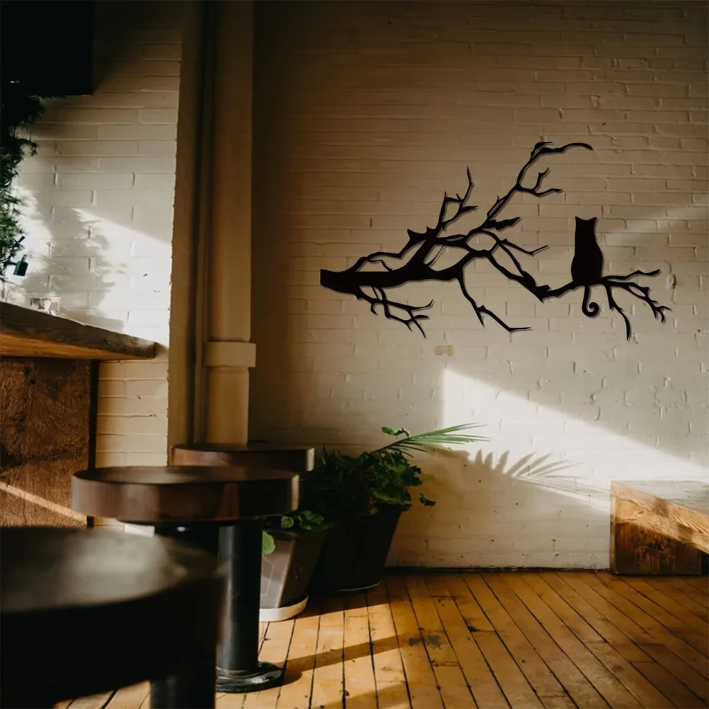 Charming Cat Metal Wall Art for Home Decor, Unique Bedroom Decoration, Cat Lovers Gift, Stylish Branch Cat Design