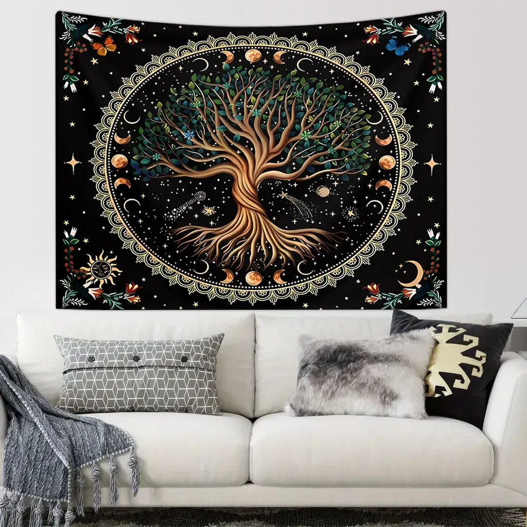 1pc Life Tree Tapestry, Moon Phase Tapestry, Bohemian Wind Starry Sky Tapestry, Fantasy Universe Planet Tapestry