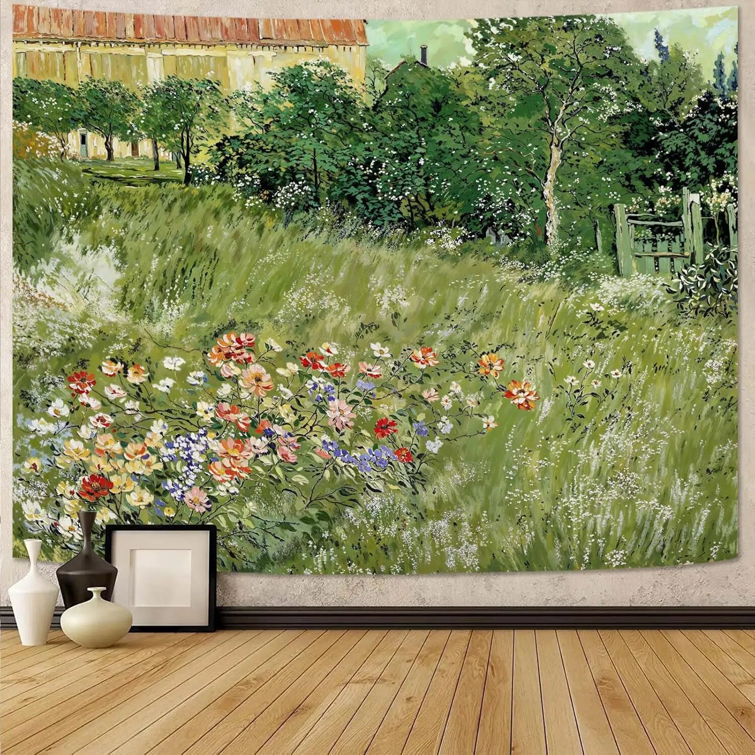 Monet Tapestry Impressionist Art Landscape Tapestry for Bedroom Vintage Green Floral Garden Tapestries Wall Hanging for Living