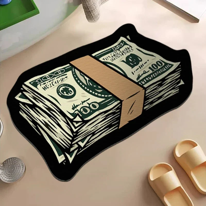 VIKAMA Irregular Money Stack Shaped Area Rug Vintage Dollar Bill Print Non Slip Floor Mat Funny Cartoon Cash Carpet Bedroom Rug