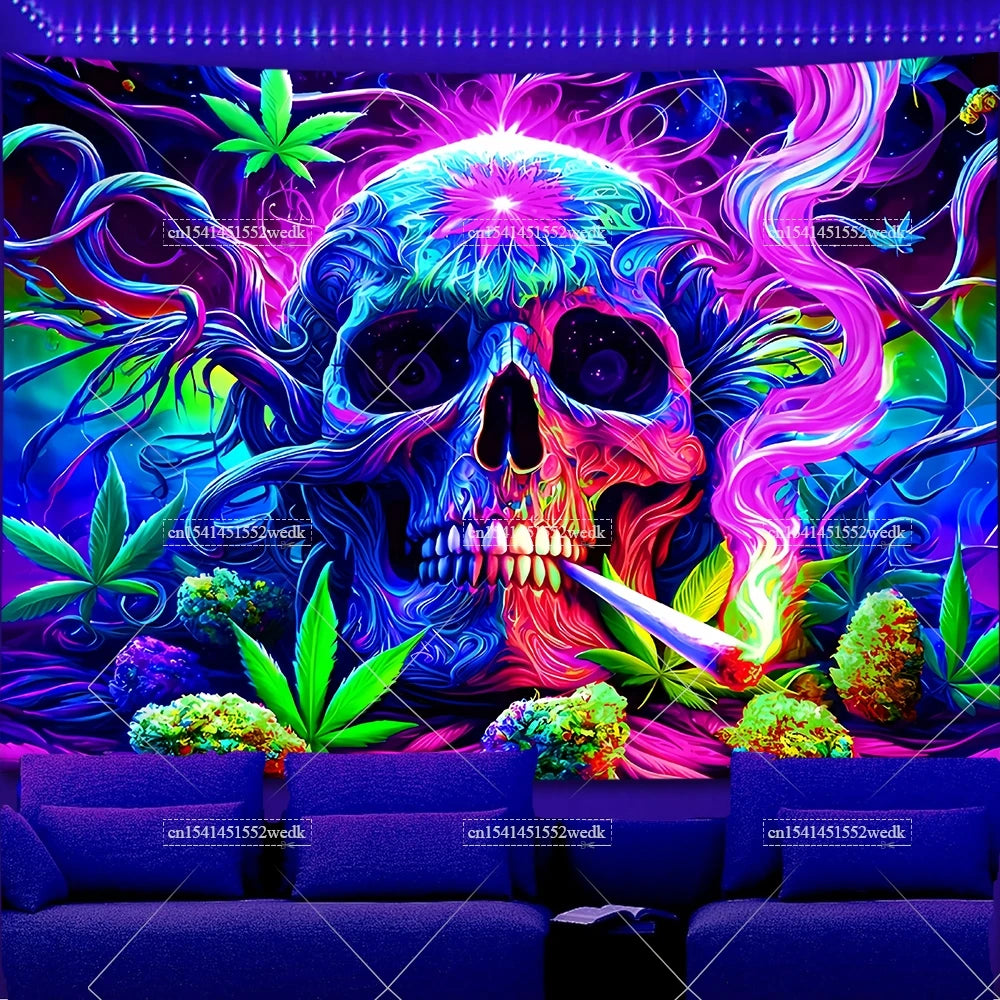 Trippy Weed Blacklight Tapestry UV Reactive Alien Marijuana Leaf Tapestry Neon Skull Smoke Tapestry Aesthetic Tapestry For Room