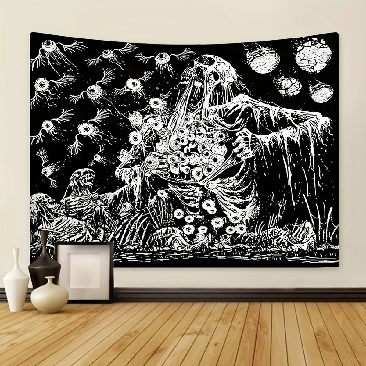 1pc Black and white skull tapestry, moth tapestry, tarot card sun moon constellation tapestry, Halloween horror tapestry