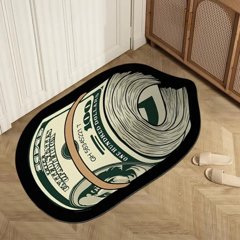 VIKAMA Irregular Money Stack Shaped Area Rug Vintage Dollar Bill Print Non Slip Floor Mat Funny Cartoon Cash Carpet Bedroom Rug
