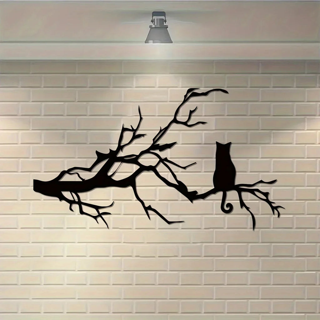 Charming Cat Metal Wall Art for Home Decor, Unique Bedroom Decoration, Cat Lovers Gift, Stylish Branch Cat Design