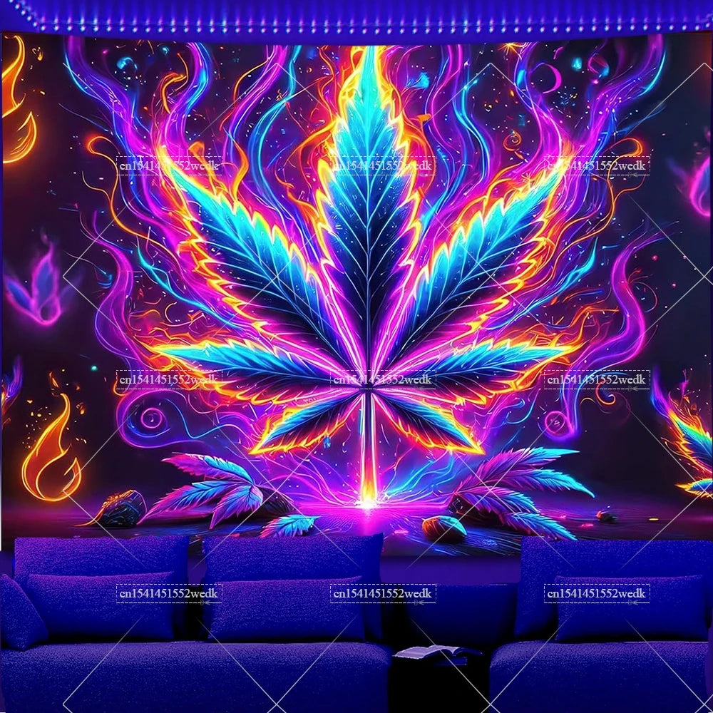 Trippy Weed Blacklight Tapestry UV Reactive Alien Marijuana Leaf Tapestry Neon Skull Smoke Tapestry Aesthetic Tapestry For Room