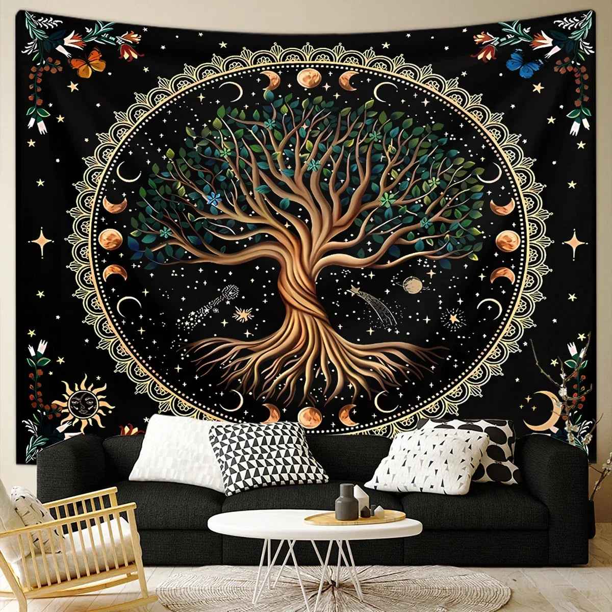1pc Life Tree Tapestry, Moon Phase Tapestry, Bohemian Wind Starry Sky Tapestry, Fantasy Universe Planet Tapestry