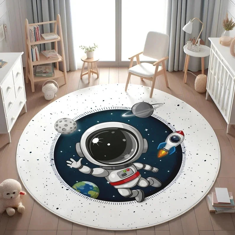 Planets Astronauts Playmat Round Rug  Living Room Decor Sofa Rug Kid's Play Mat Boys Bedroom Bedside Rug Play Reading Area Rug
