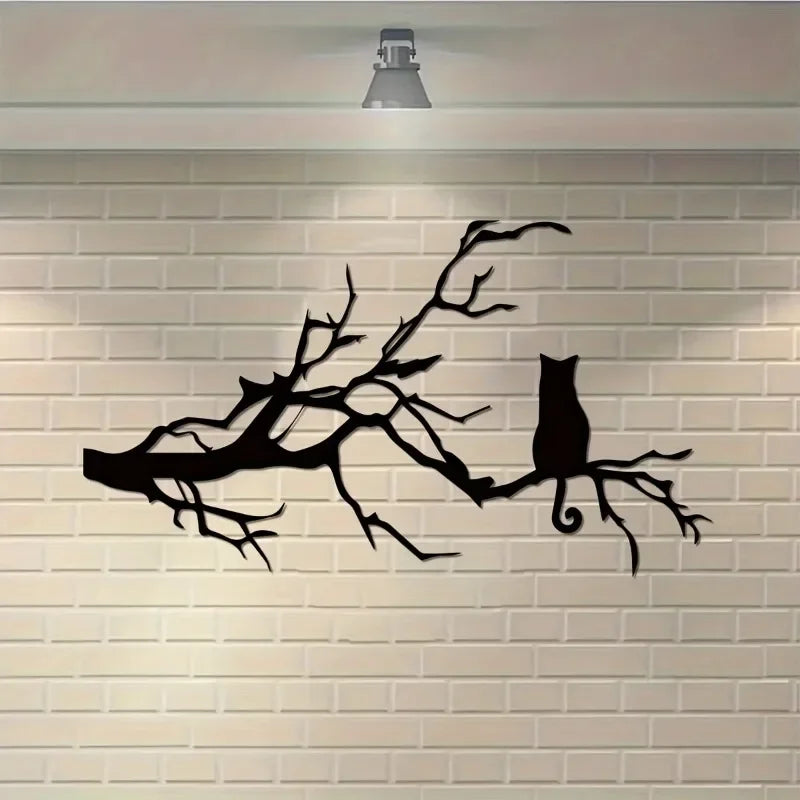Charming Cat Metal Wall Art for Home Decor, Unique Bedroom Decoration, Cat Lovers Gift, Stylish Branch Cat Design