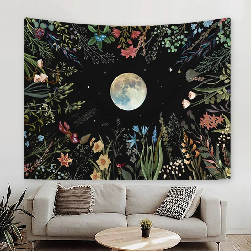 1pc Moonlight garden tapestry, moon flower tapestry, colorful plant tapestry