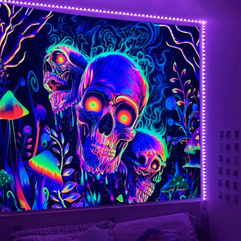 1pc Skeleton flower fluorescent tapestry, UV tapestry, plant mushroom tapestry, bedroom aesthetic decoration wall hanging