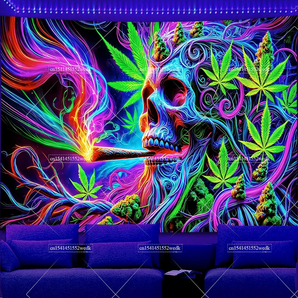 Trippy Weed Blacklight Tapestry UV Reactive Alien Marijuana Leaf Tapestry Neon Skull Smoke Tapestry Aesthetic Tapestry For Room
