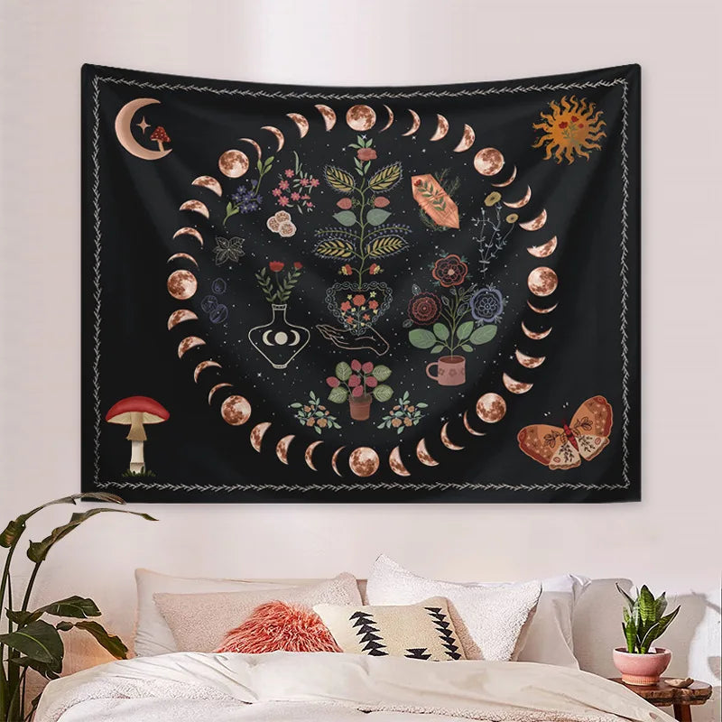 Wall Hanging Tapestry Aesthetic Tree of Life Tapestry Moon Phase Flowers Plants Tapestry Decro for Bedroom Dorm Living Room
