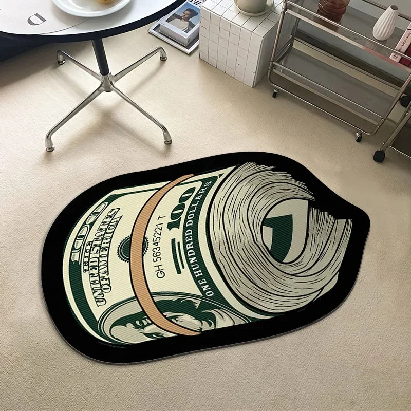 VIKAMA Irregular Money Stack Shaped Area Rug Vintage Dollar Bill Print Non Slip Floor Mat Funny Cartoon Cash Carpet Bedroom Rug