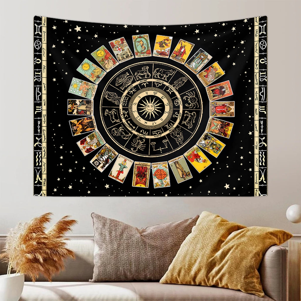 1pc Tarot Card Tapestry, Twelve Constellations Tapestry, Sun Moon Starry Sky Tapestry, Altar Witchcraft Divination Set Tapestry
