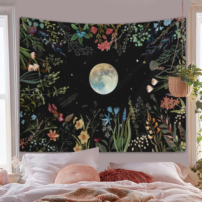 1pc Moonlight garden tapestry, moon flower tapestry, colorful plant tapestry