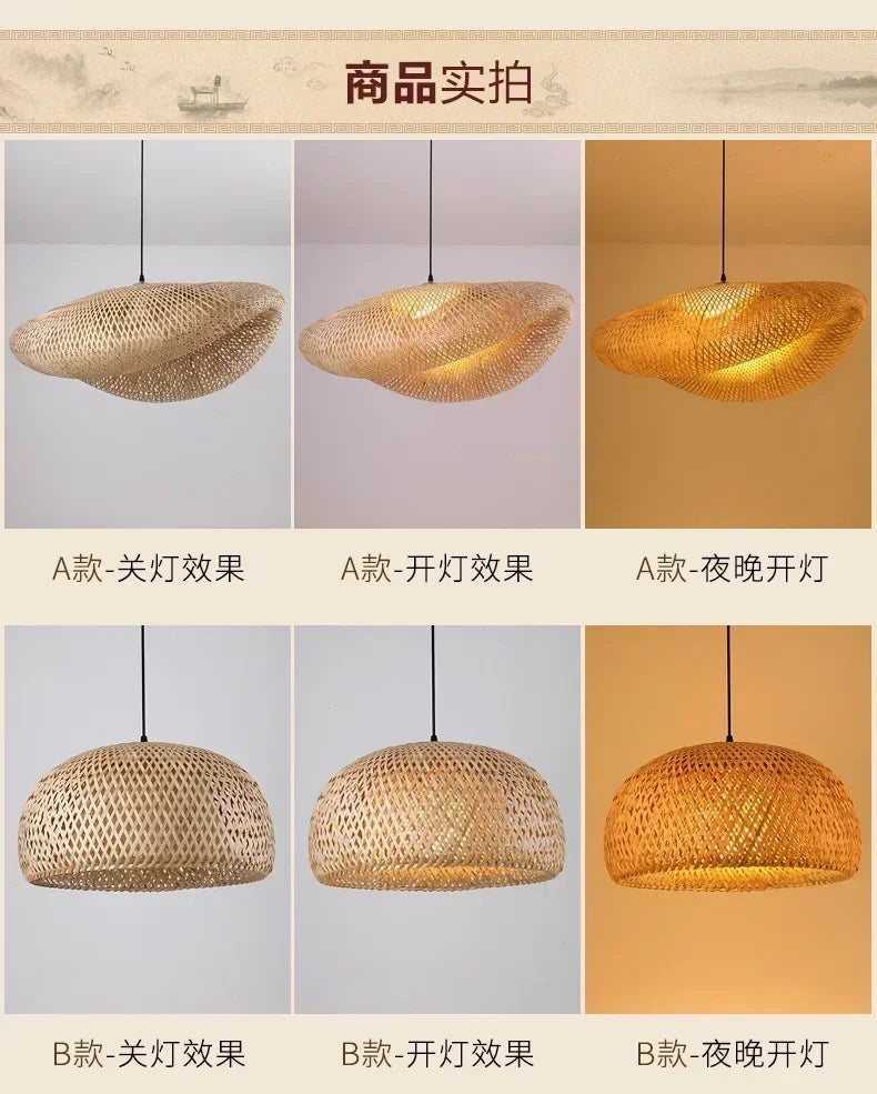 Bamboo Hand Weaving Pendant Lights 40/60/80cm Hanging LED Ceiling Lamp Chandelier Fixture Rattan Hand Craft Woven Bedroom Decor