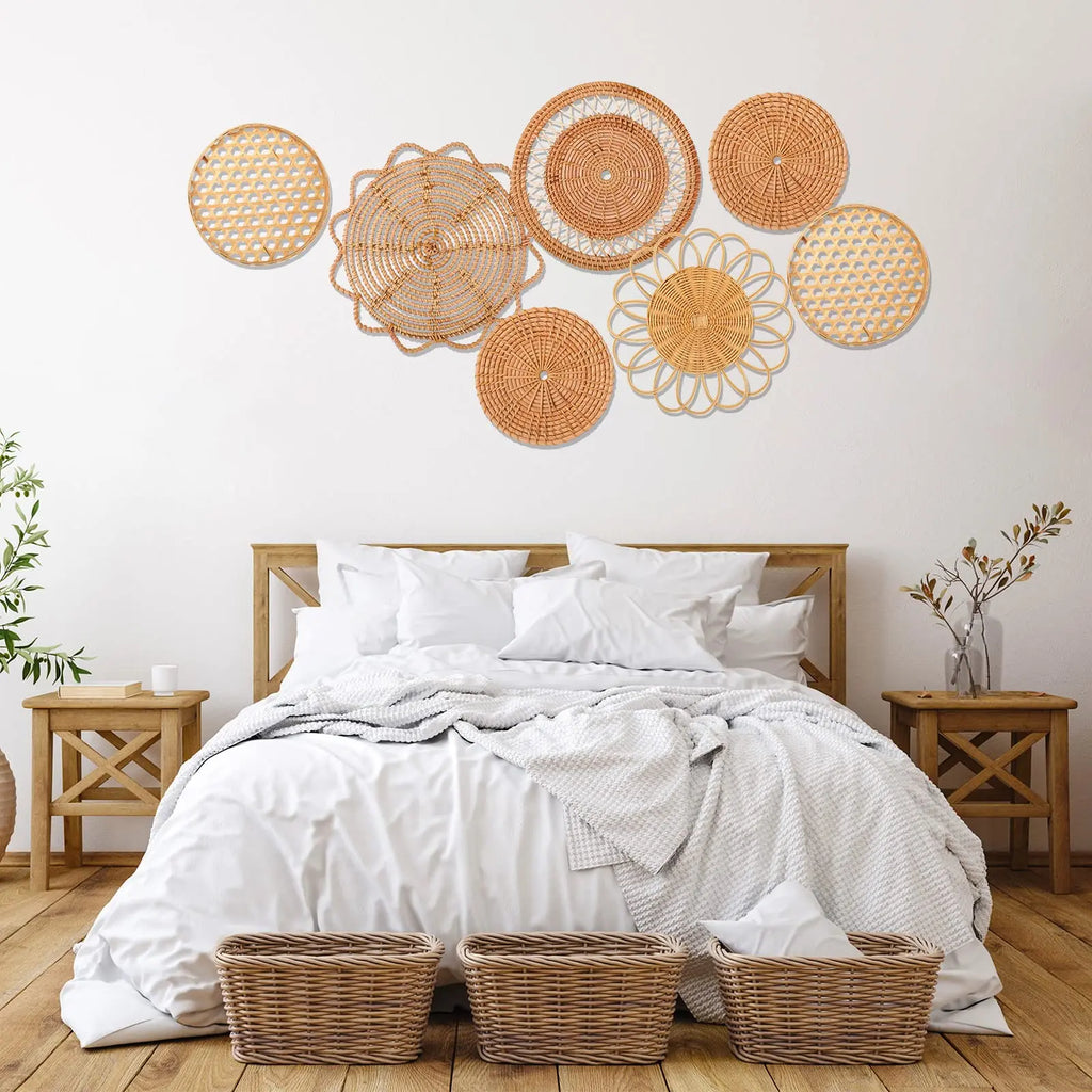 7Pcs Boho Rattan Wall Decor Hanging Woven Baskets Decor Bohemian Home Decor Handmade Wicker Wall Decor for Bedroom Farmhouse