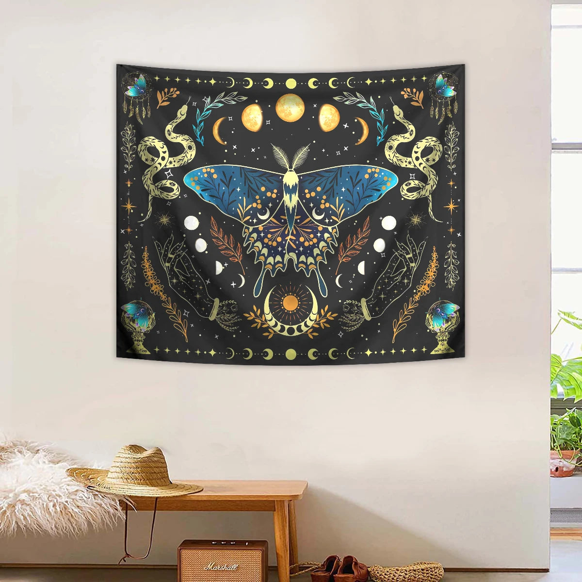 1pc Butterfly moon tapestry, Bohemian plant tapestry, aesthetic moth snake tapestry, retro plant starry sky tapestry