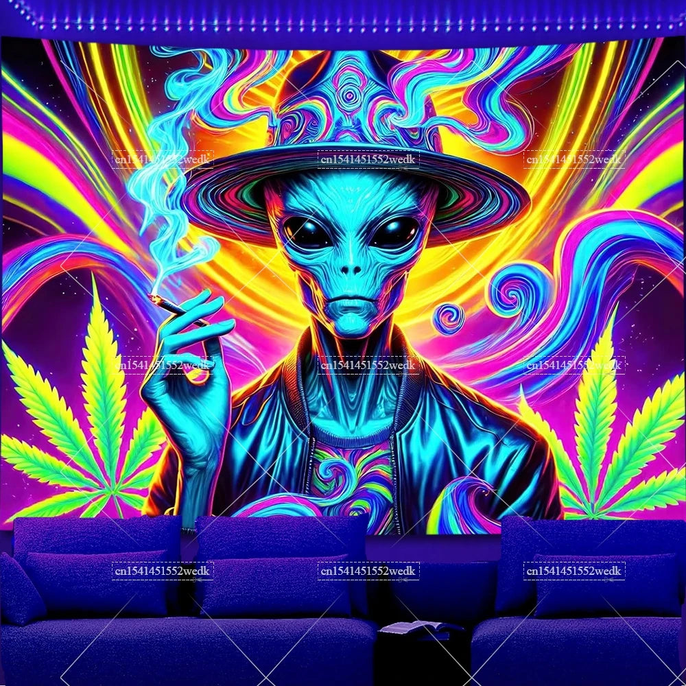 Trippy Weed Blacklight Tapestry UV Reactive Alien Marijuana Leaf Tapestry Neon Skull Smoke Tapestry Aesthetic Tapestry For Room