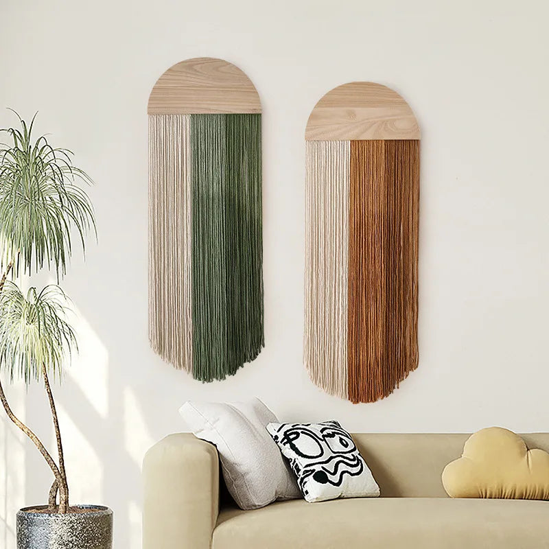 Creative tapestry, hand woven semi-circular wooden board, tassel tapestry, living room, homestay, wall hanging, wall decoration