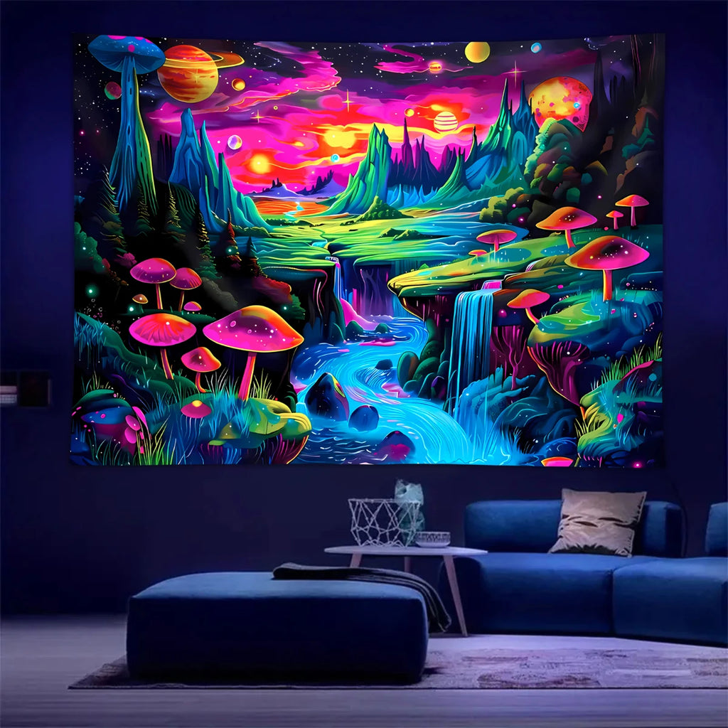 1pc Mushroom fluorescent tapestry, UV responsive landscape tapestry, space planet landscape tapestry, bedroom decoration
