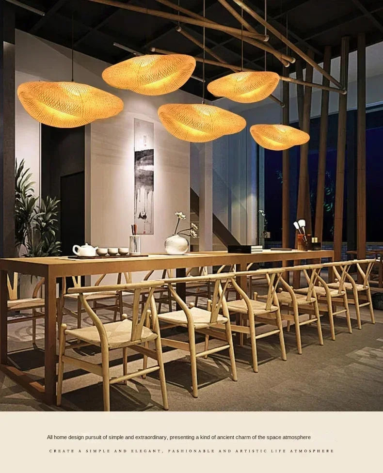 Bamboo Hand Weaving Pendant Lights 40/60/80cm Hanging LED Ceiling Lamp Chandelier Fixture Rattan Hand Craft Woven Bedroom Decor